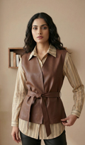 Layered Elegance Shirt & Tie-Up Wrap Leather Top