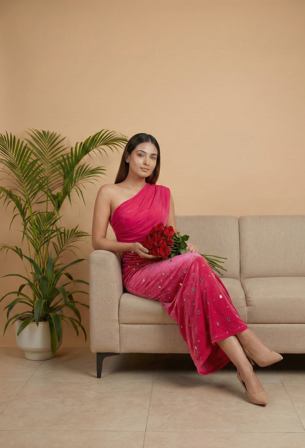 Fuchsia One-Shoulder Velvet Dress