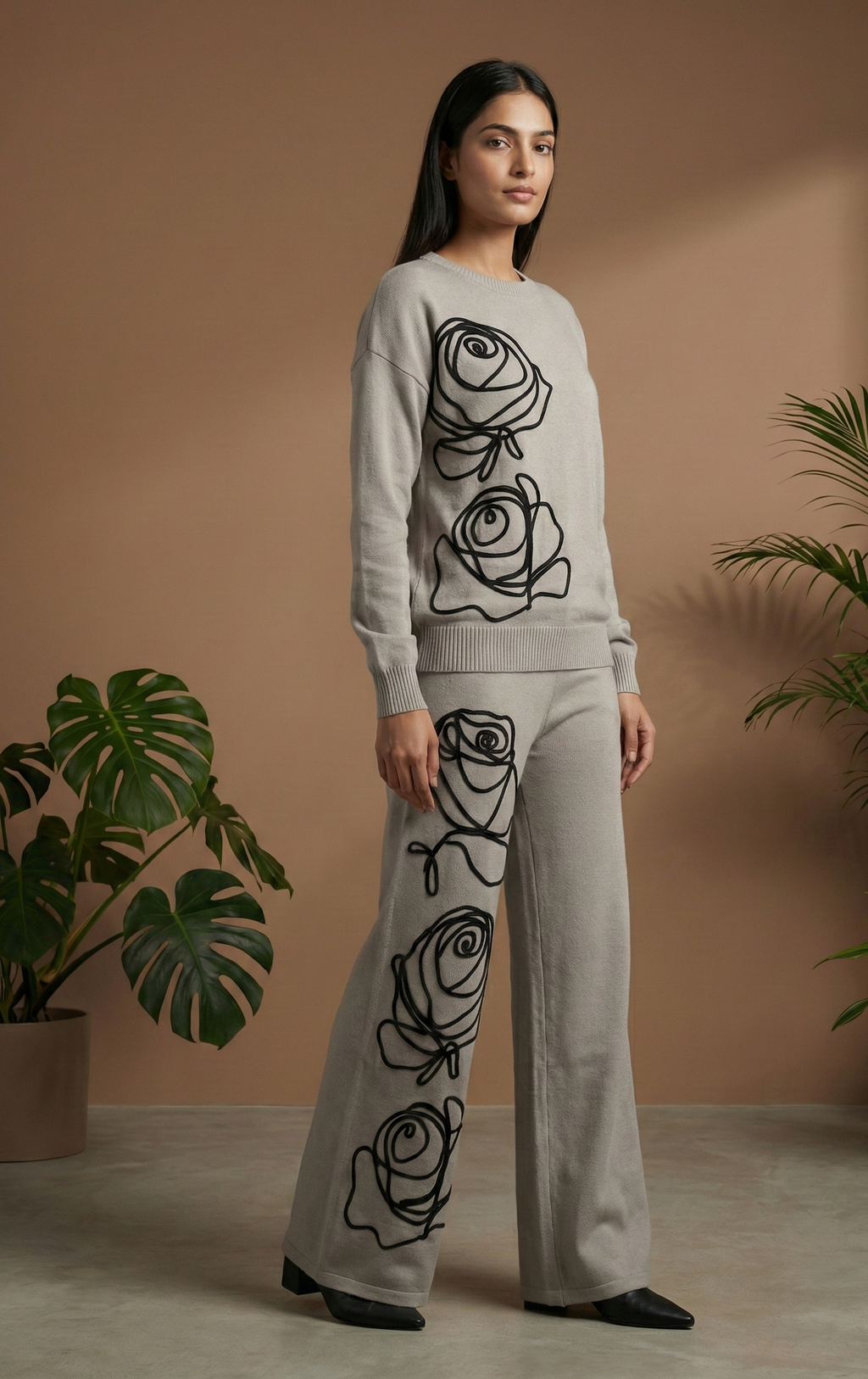 Artistic Rose Embroidery Knit Coord Set