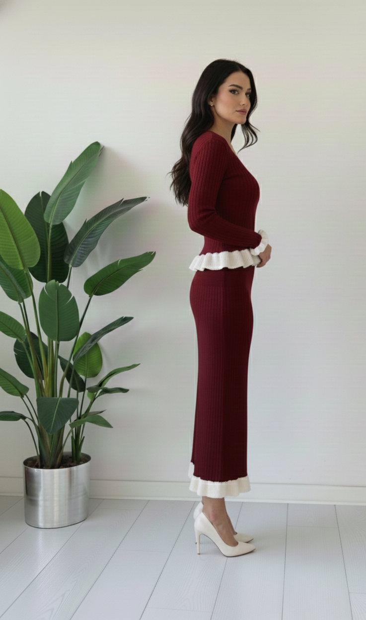 Crimson Ruffle Elegance Ribbed Co-ord Dress Set – Premium Knit Edition