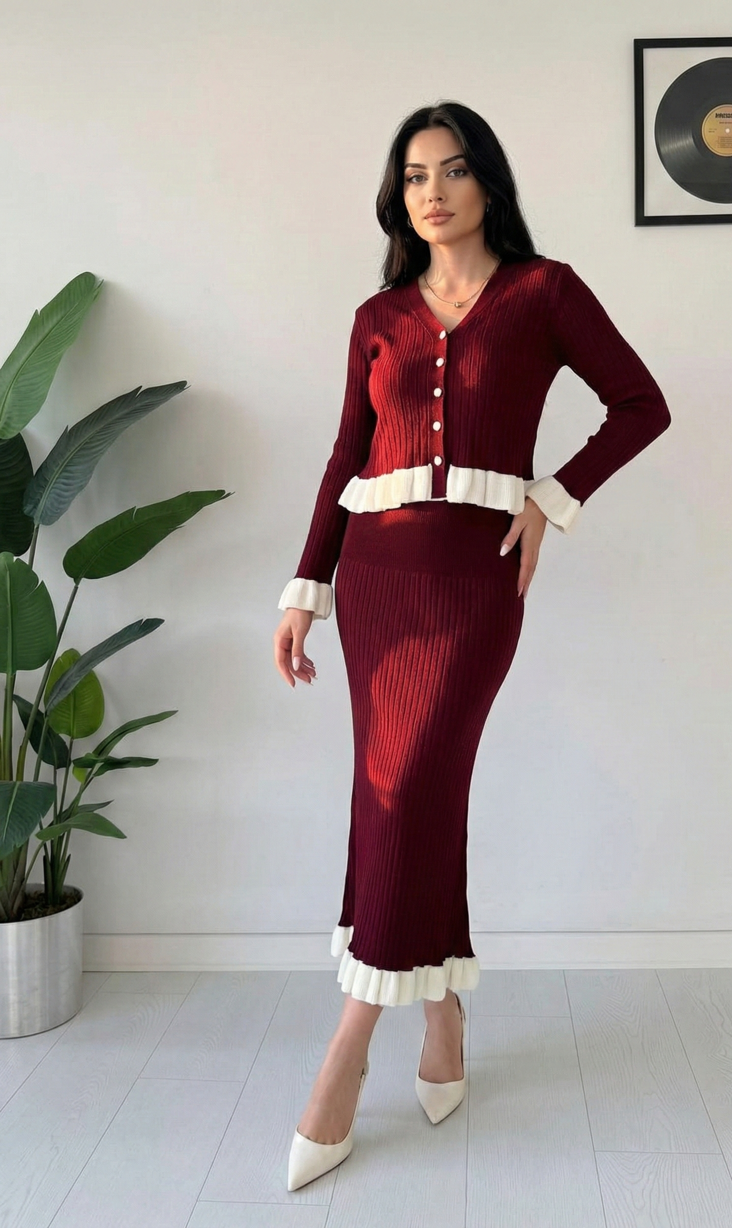 Crimson Ruffle Elegance Ribbed Co-ord Dress Set – Premium Knit Edition