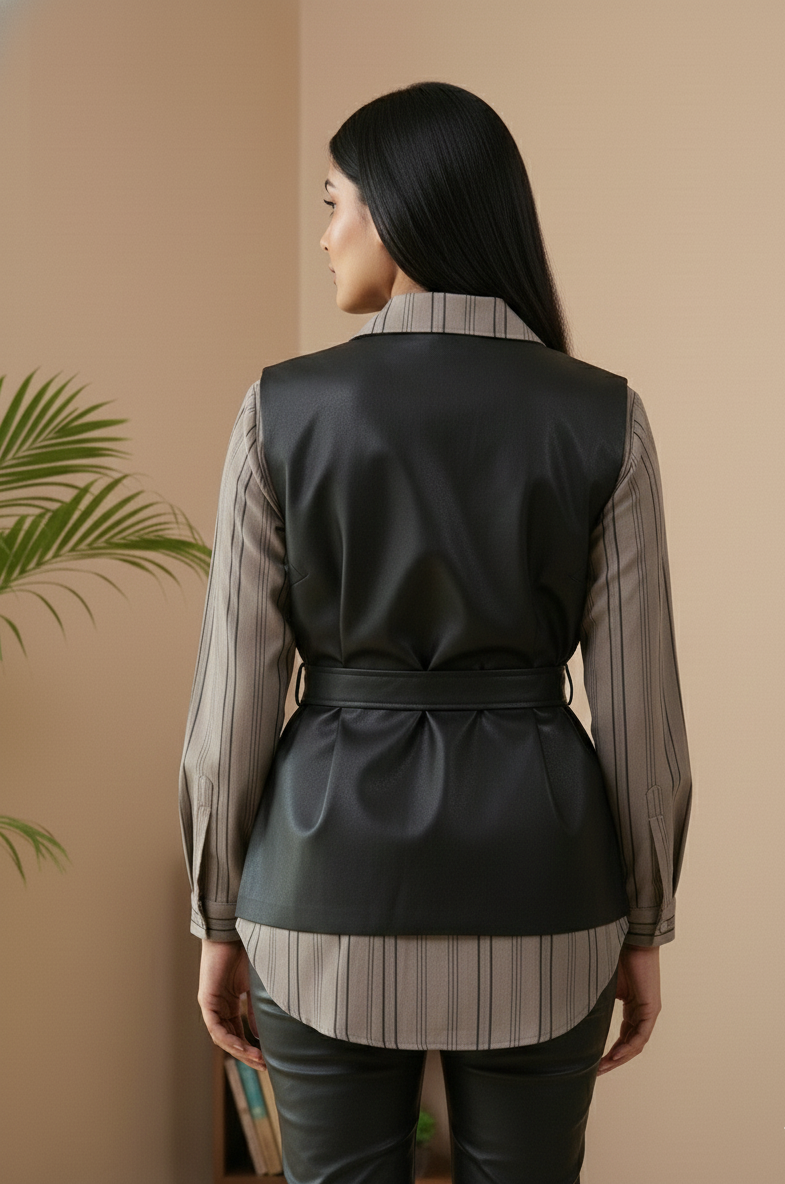 Layered Elegance Shirt & Tie-Up Wrap Leather Top