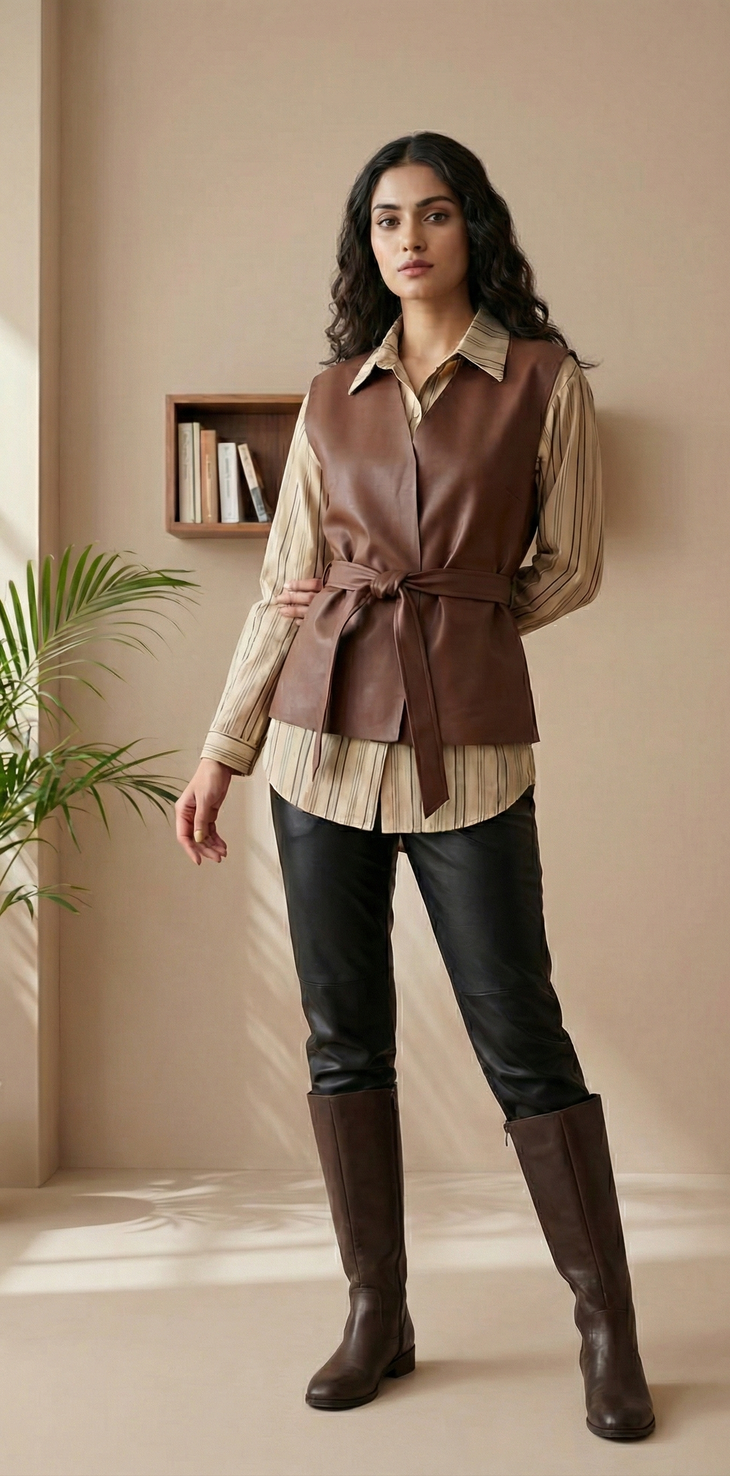 Layered Elegance Shirt & Tie-Up Wrap Leather Top