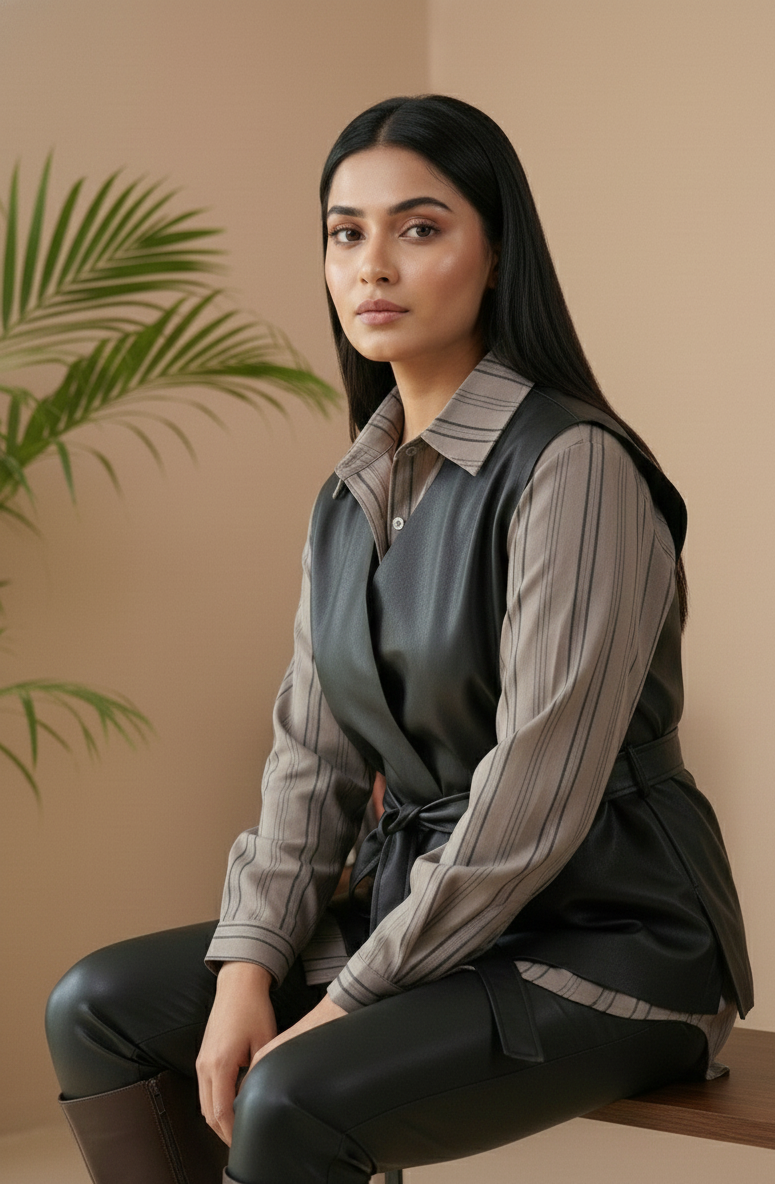 Layered Elegance Shirt & Tie-Up Wrap Leather Top