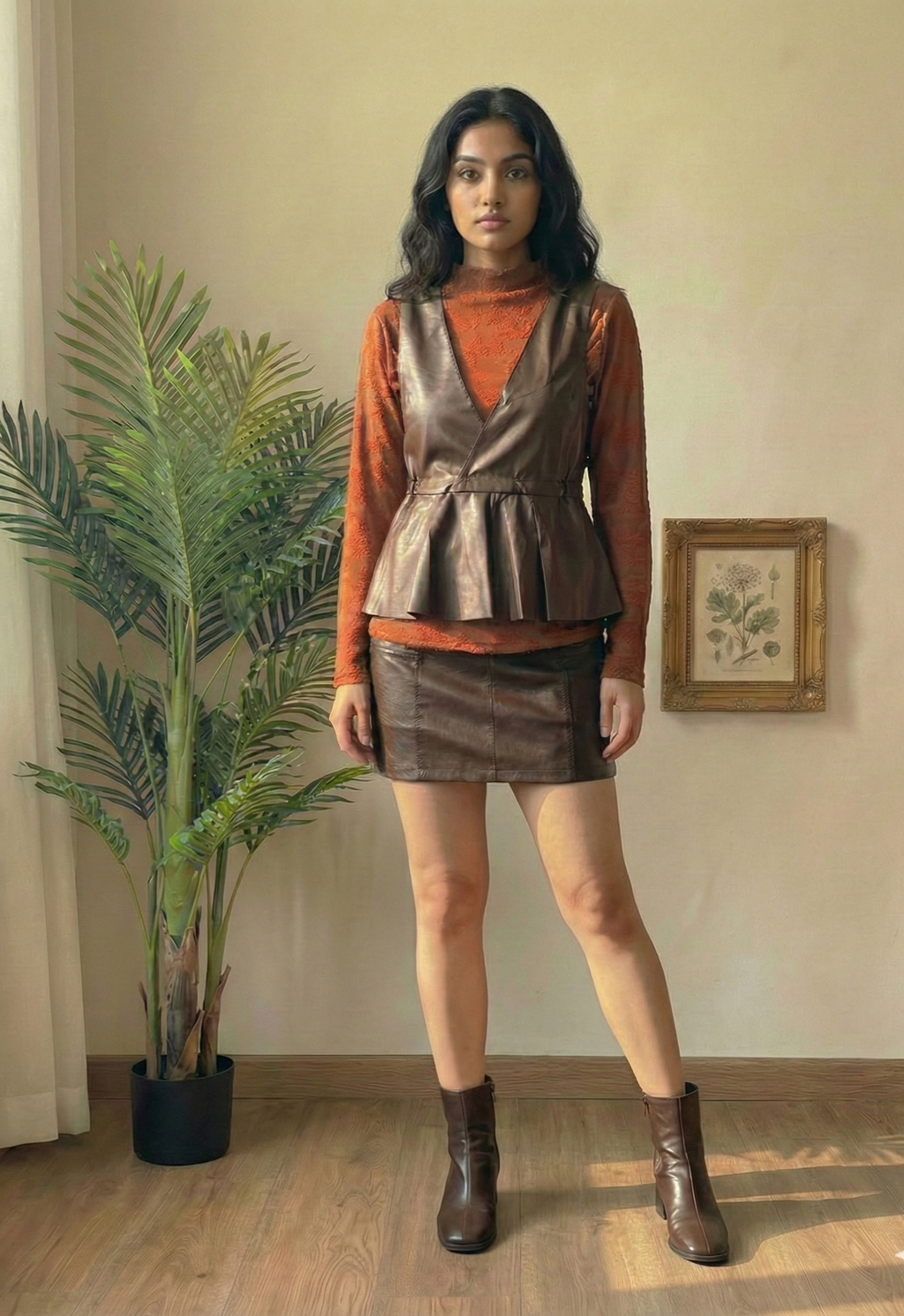 Layered Elegance Peplum Top with Embossed High Neck