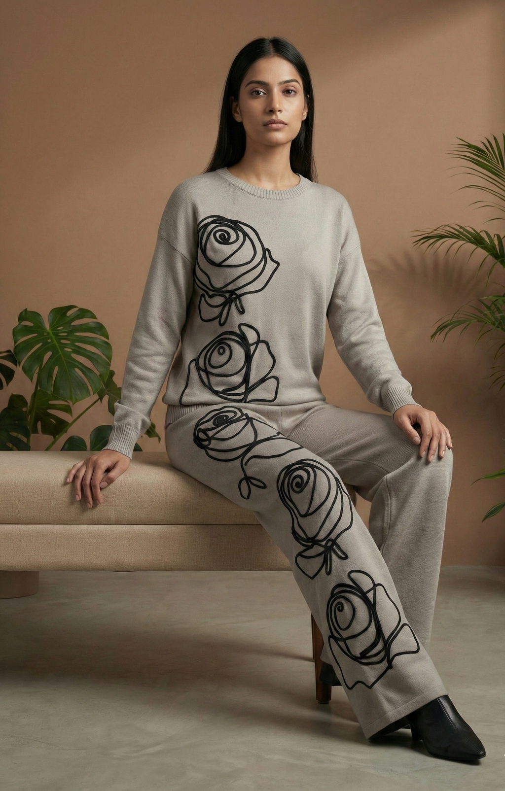 Artistic Rose Embroidery Knit Coord Set