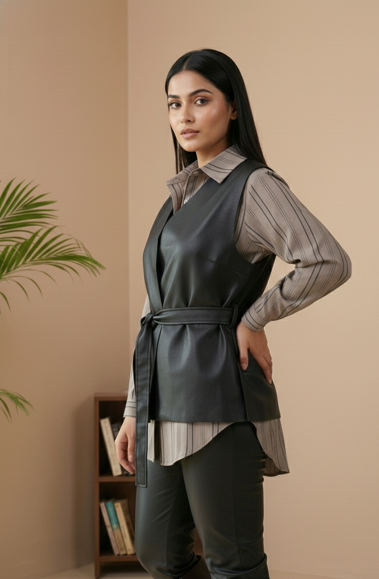 Layered Elegance Shirt & Tie-Up Wrap Leather Top