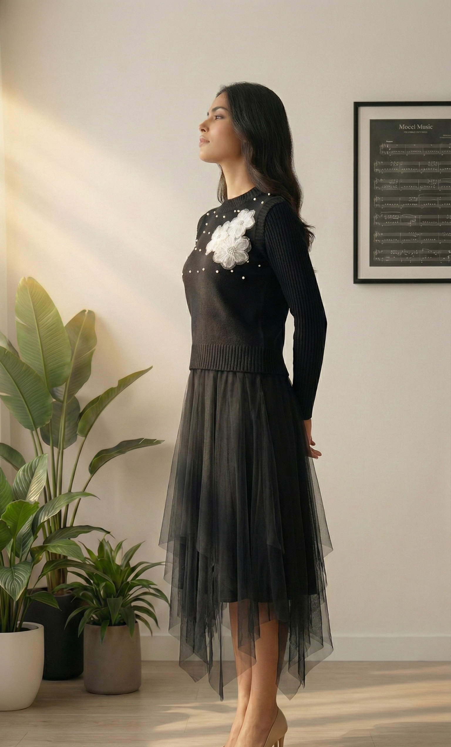 Pearl Petal Layered Dress & Floral Vest Set