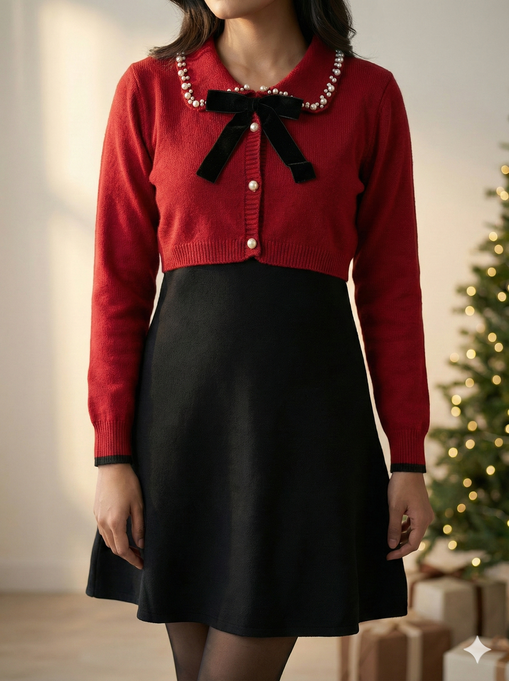 Pearl-Bow One Piece Dress – Christmas Winter Edition