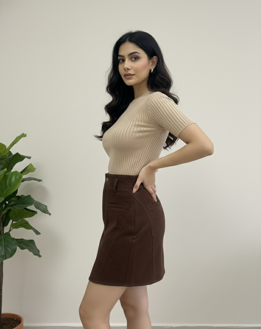 Women’s Chocolate Brown Suede Skort with Inner Lining Shorts