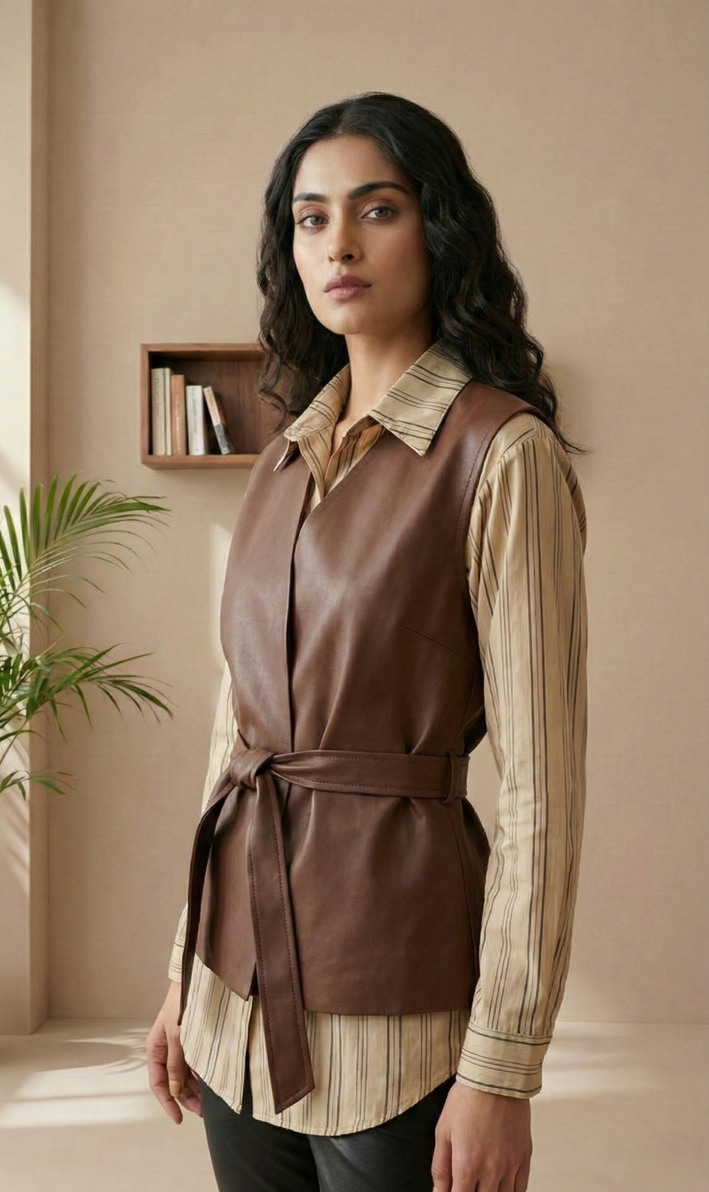 Layered Elegance Shirt & Tie-Up Wrap Leather Top