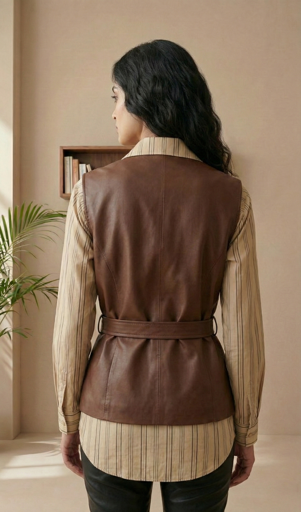 Layered Elegance Shirt & Tie-Up Wrap Leather Top