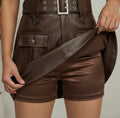 Belted Leather Look Skort for Women – Utility Pockets, Inner Shorts