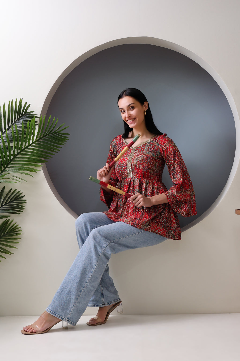 Red Peplum Printed Festive Short Kurti