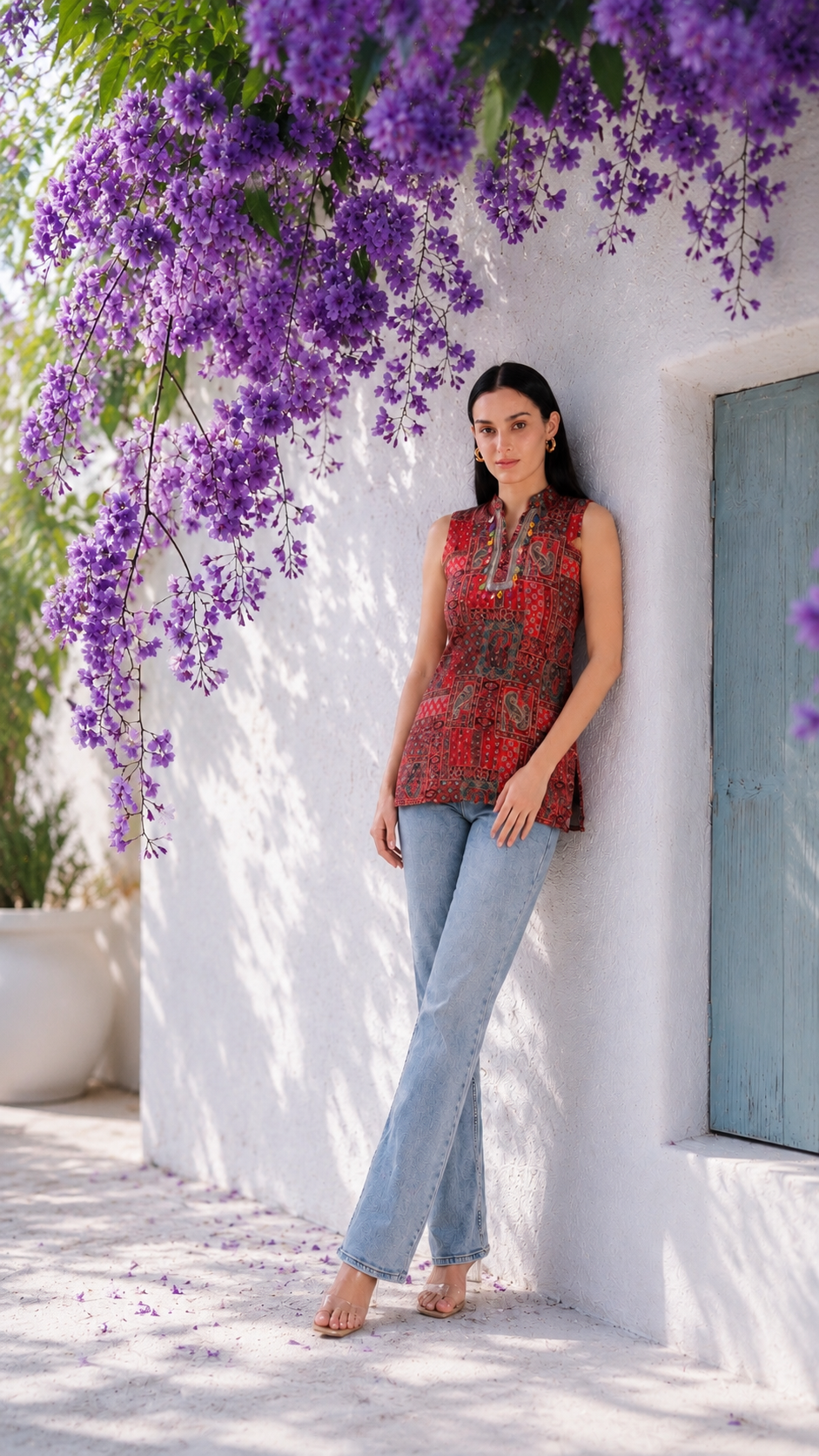 Red Printed Short Kurti with Mandarin Collar