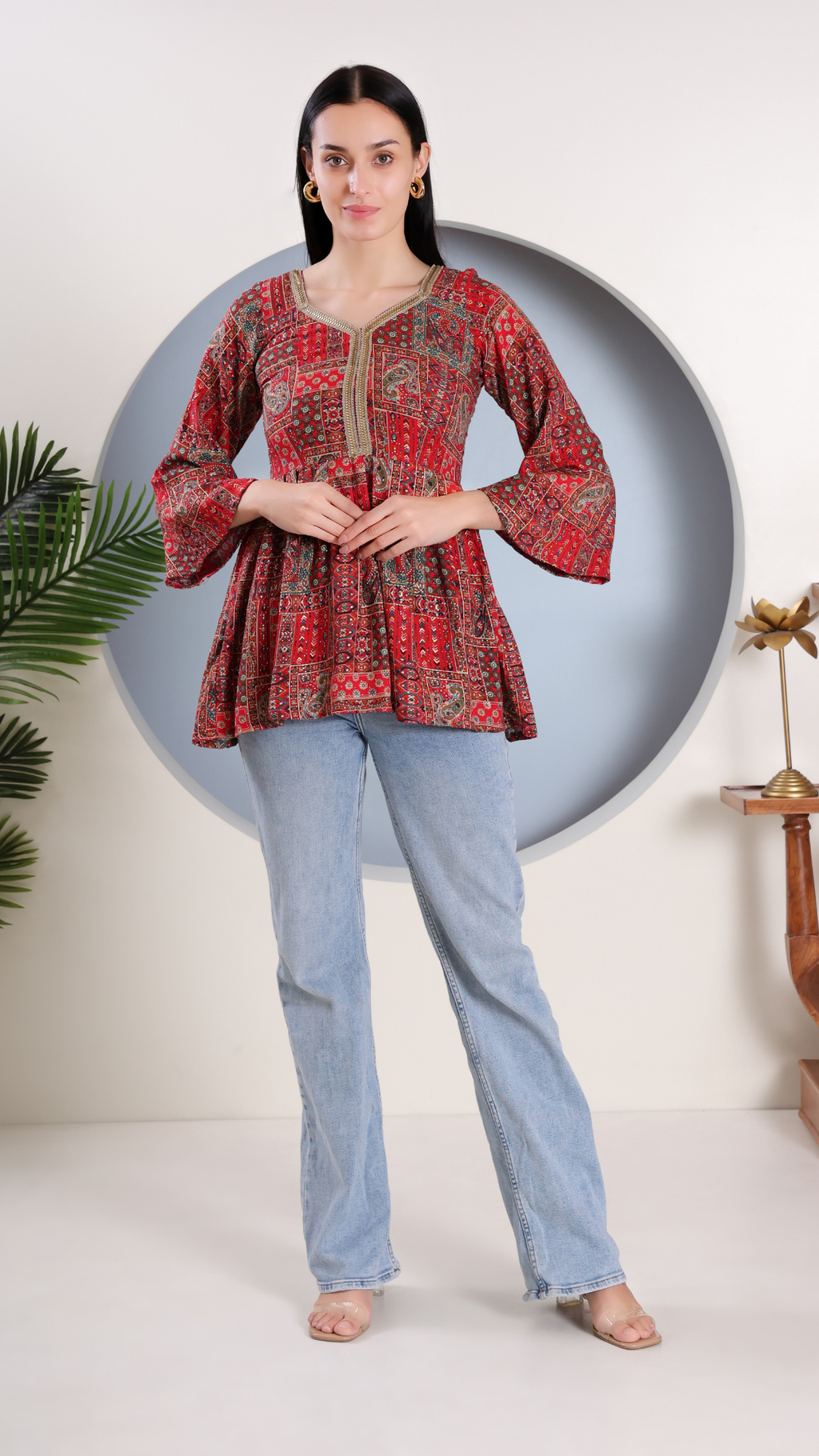 Red Peplum Printed Festive Short Kurti