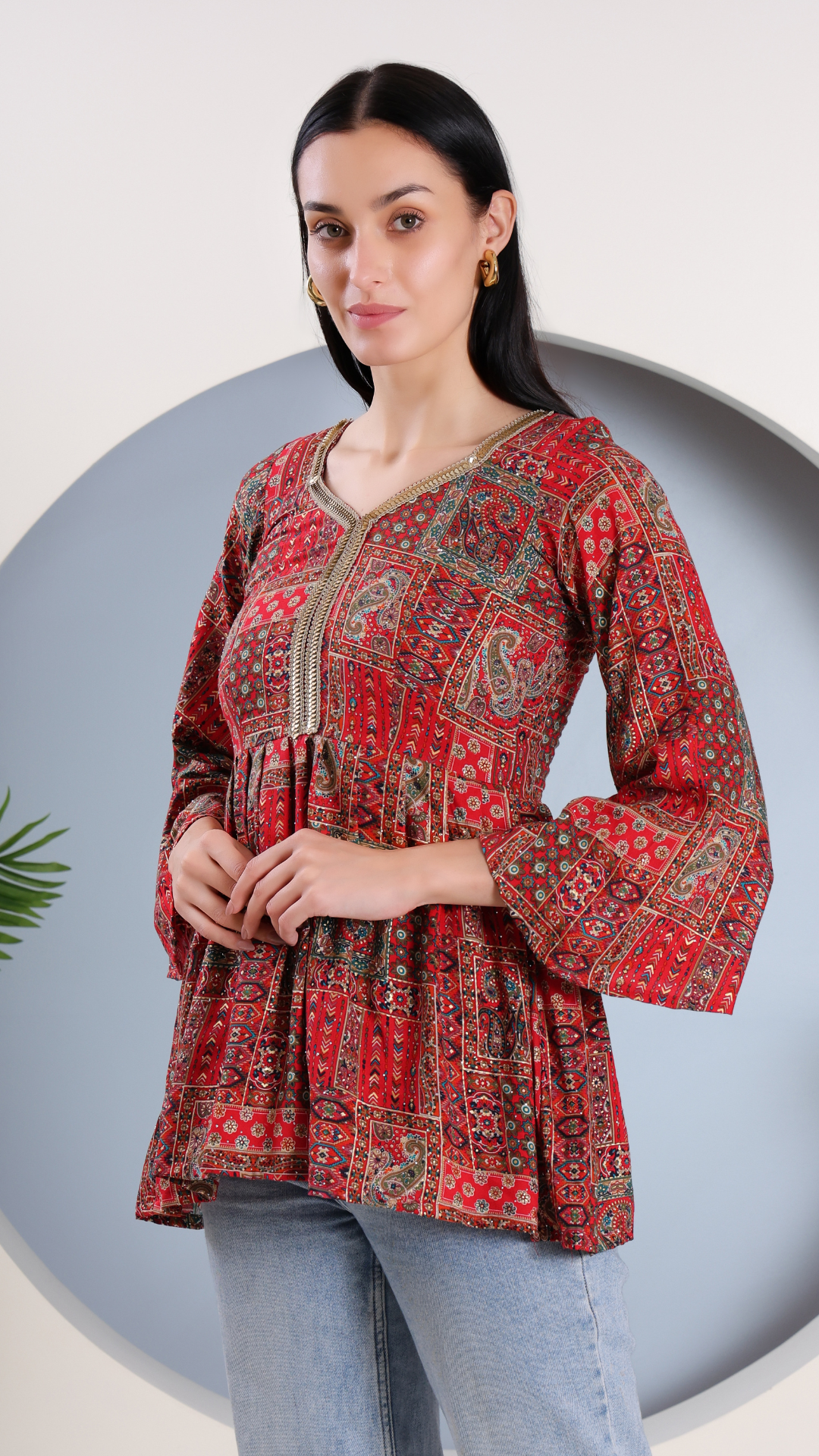 Red Peplum Printed Festive Short Kurti