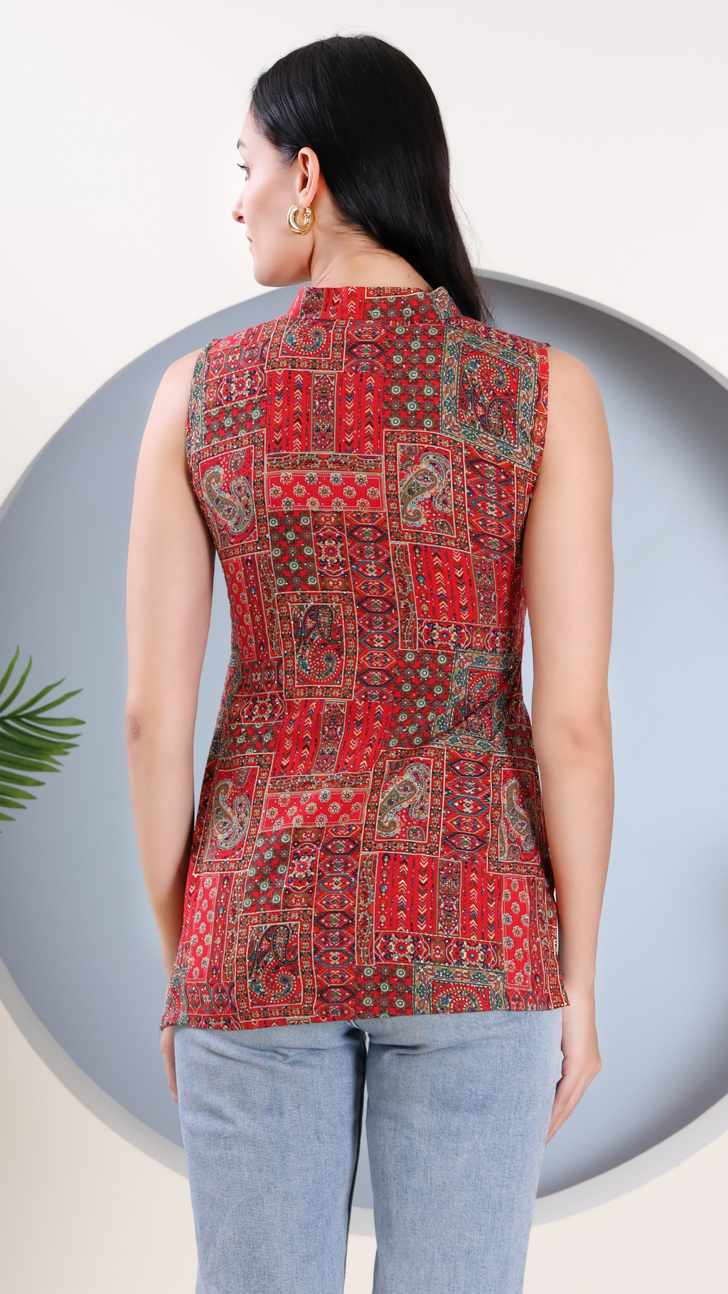 Red Printed Short Kurti with Mandarin Collar