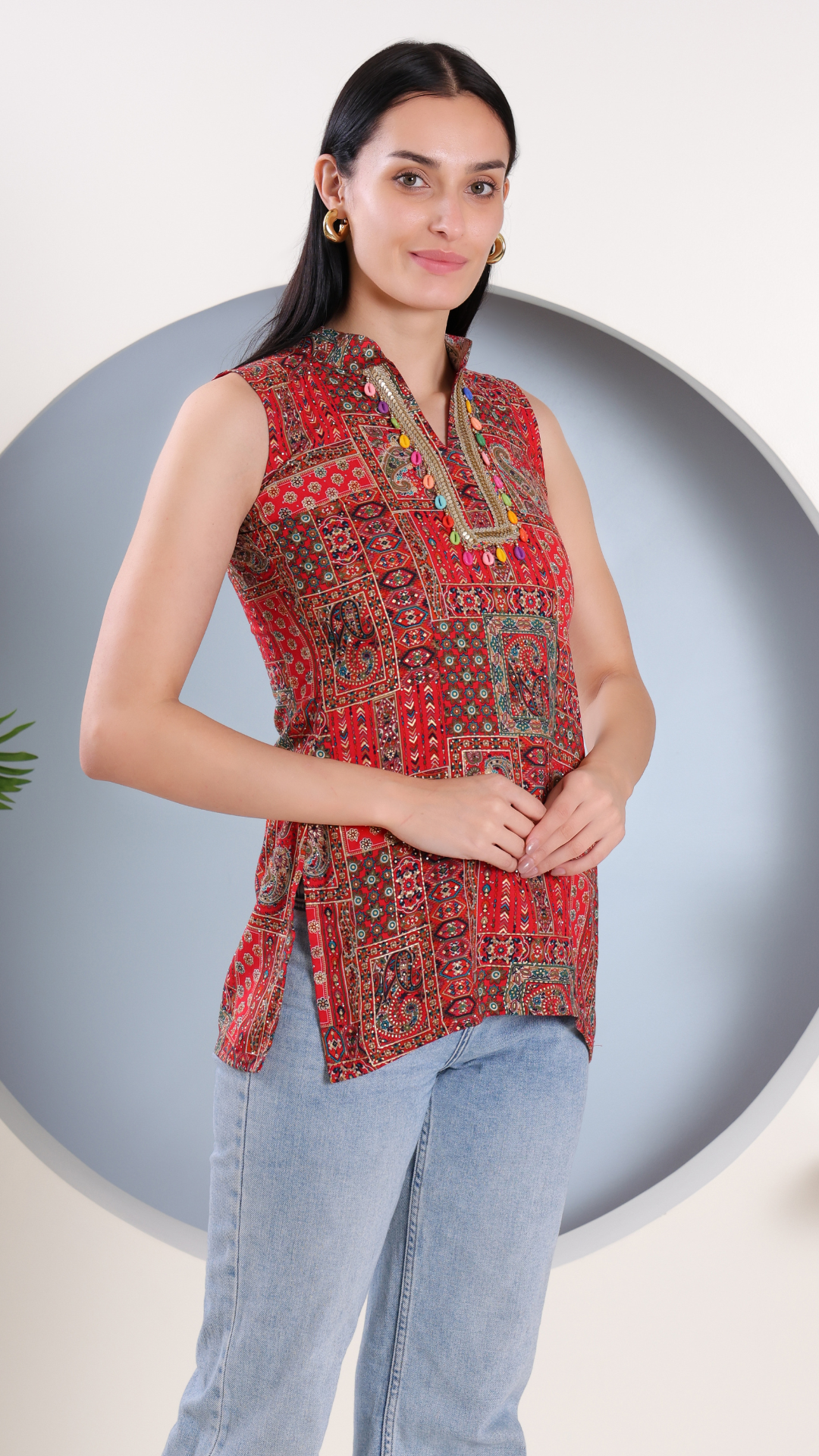 Red Printed Short Kurti with Mandarin Collar