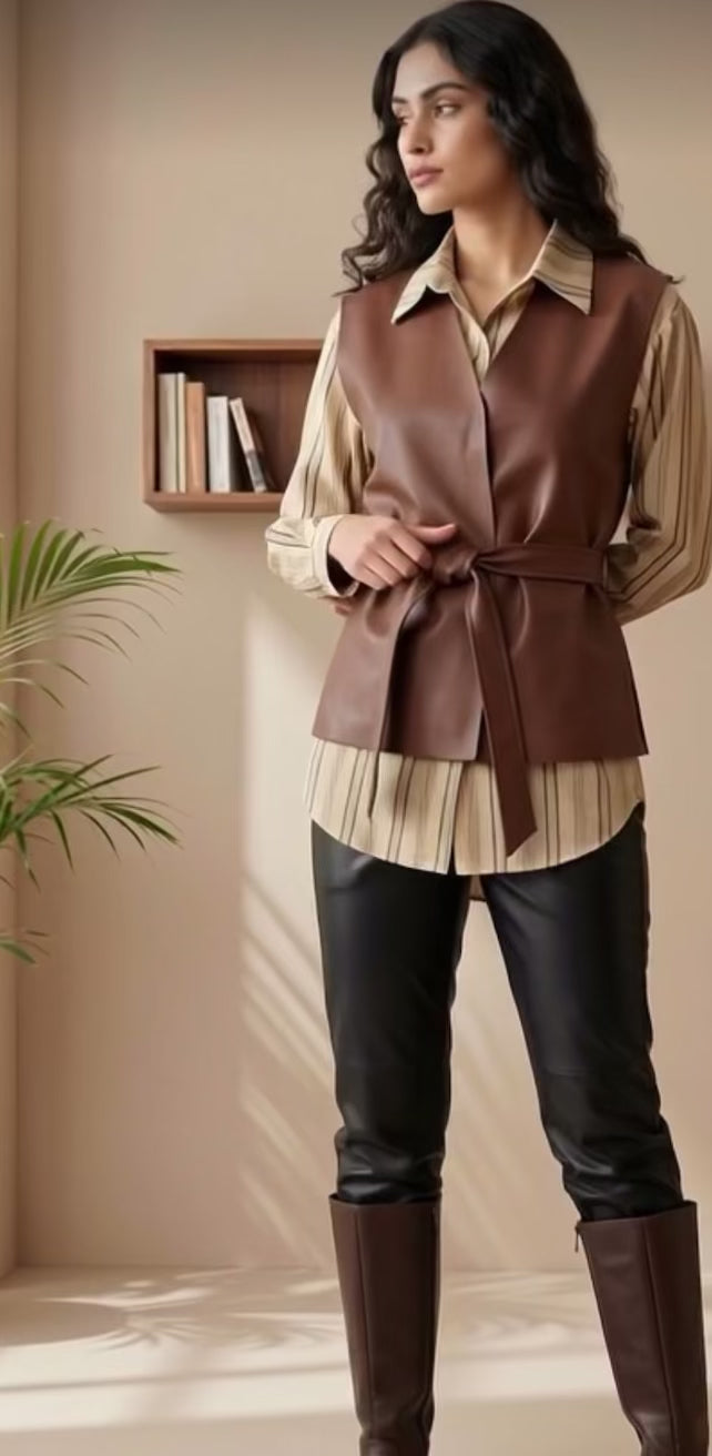 Layered Elegance Shirt & Tie-Up Wrap Leather Top