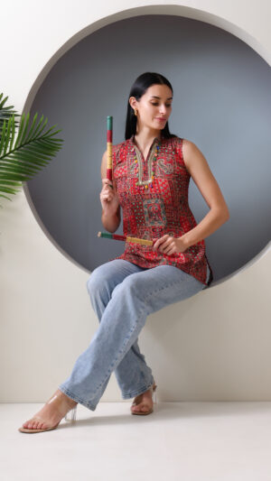 Women’s Red Printed Short Kurti with Mandarin Collar