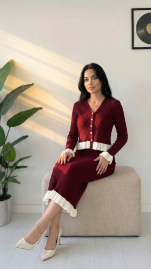 Crimson Ruffle Elegance Ribbed Co-ord Dress Set – Premium Knit Edition