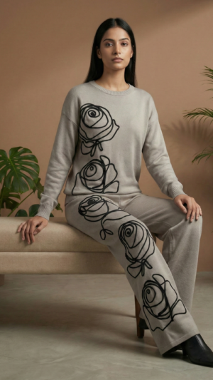 Artistic Rose Embroidery Knit Coord Set