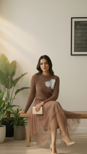 Pearl Petal Layered Dress With Floral Vest Set